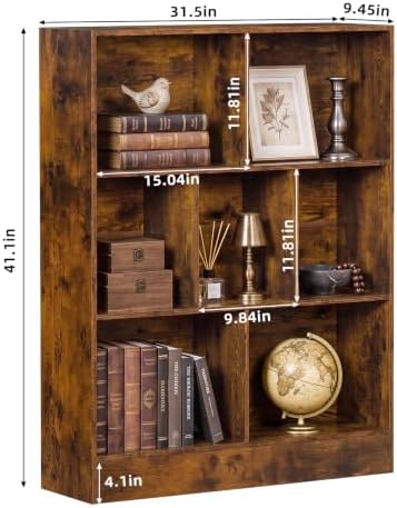 YAHARBO 3 Tier 7 Cube Mini Thin Bookshelf, Short Shallow Bookcase, Brown