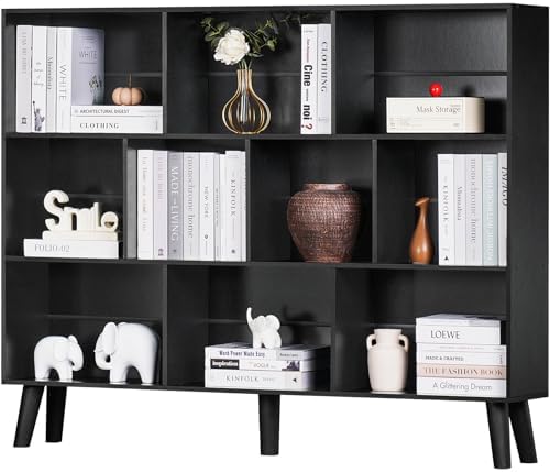 YAHARBO 10 Cube Large Bookshelf,3 Tier Bookcase with Legs,Black Mid-Century Modern Bookshelves,Wide Free Standing Open S
