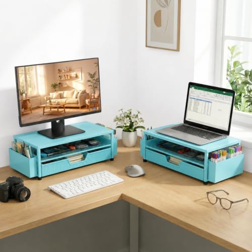 ECOLOVI Desk Organizer and Accessories, 2-Tier Computer Monitor Stand Rise with Storage Drawer & 2 Pen Holders, Laptop &