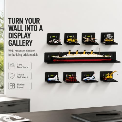 12 PCS Building Blocks Display Shelf Wall Mounted with Built-in Bubble Level, Floating Model Display Stand for Minifigur