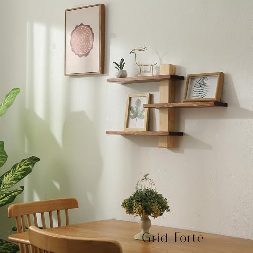 GRID FORTE Wood 3-Tier Floating Shelf, Large Minimalist Wall Shelves