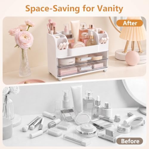 Makeup Organizer for Vanity with Brush Holder, Countertop Bathroom Cosmetic Organizer Skin Care Storage, Large Easy to S