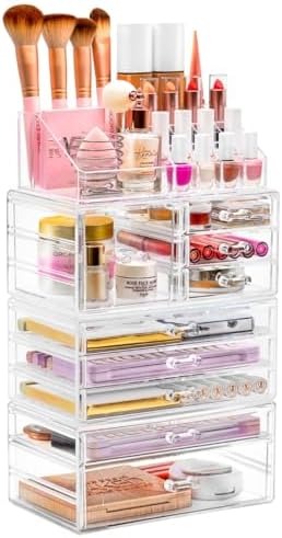 Sorbus Large Clear Makeup Organizer - Detachable 4-Piece Jewelry & Make Up Organizers and Storage Set - Spacious Cosmeti