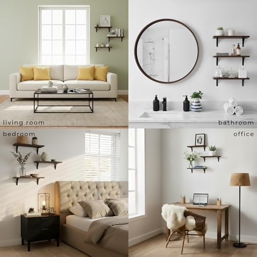 Willowy Reinforced Steel Bracket Rustic Brown Shelves - Easy to Install, Template and Video Included - Deep Large Wall S