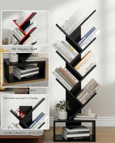XBurmo 6 Tier Tree Bookshelf - Small Bookcase, Compact Book Tower with Drawer, Corner Bookshelf for Bedroom, Living Room
