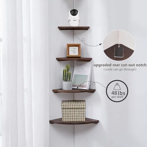 Corner Shelf, Solid Oak Wood Floating Corner Shelf Wall Mount Round End Floating Speaker with Wire Hole for Small Plant 