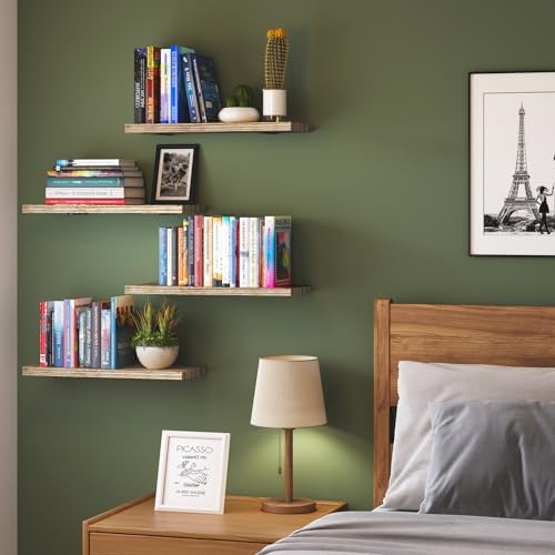 Fixwal Wall Floating Shelves for Room Decor, 4 Sets Floating Shelves for Wall Storage, Wood Wall Mounted Shelf for Bedroom Decor, Bathroom Storage, Book Shelf for Wall-Rustic Brown