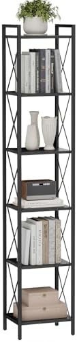 Homhedy 6 Tier Small Bookshelf, Tall Narrow Bookcase, Metal Book Shelf