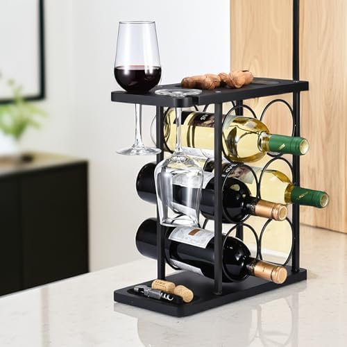ALLCENER Modern Wine Rack Countertop, Matte Black 6 Bottle Wine Rack with Glass Holder, Metal Wine Holder Stand with She