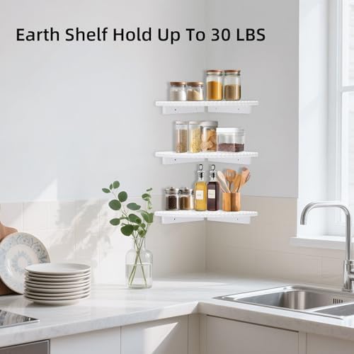 Lamapggio Corner Floating Shelves with Double Support Brackets, 3 Pack Wood Wall Mount Round Display Shelf for Bedroom, 