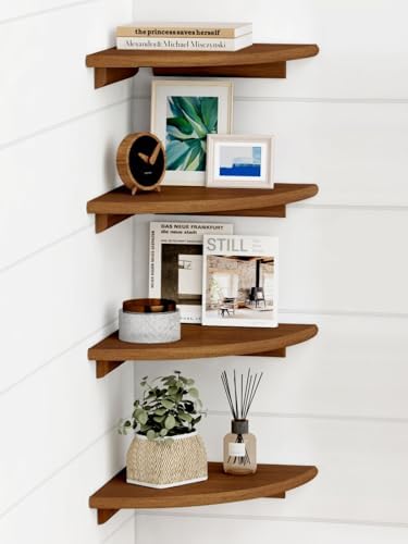 Forbena Walnut Brown Floating Corner Shelves for Wall 4-Pack, Small Corner Wall Shelves for Kids Room, Cute Wooden Hangi