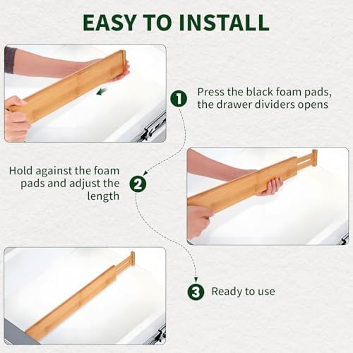 CMOOD 6 PCS Bamboo Drawer Dividers, Kitchen Drawer Dividers, 17"-22" Expandable Adjustable Bamboo Drawer Dividers Organi