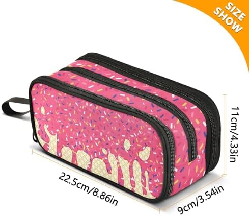 Red Ice Cream Print Pencil Case Box Boys Girls Large Pencil Pouch Zipper Compartments Big Capacity Stationery Pen Bag Organizer for Kids Teens Adults School Office