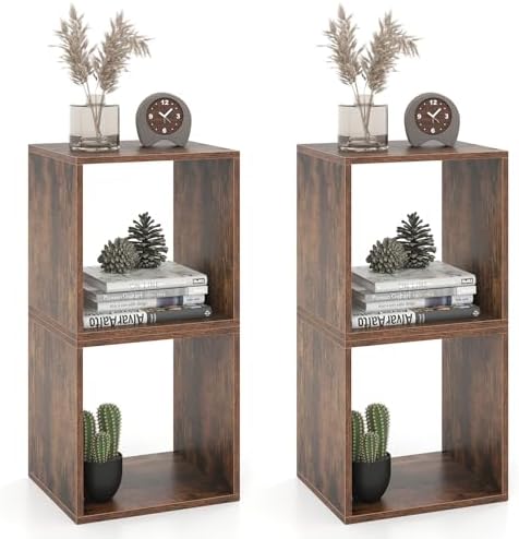 GIANTEX 4 Cube Bookshelf Organizer, 2-Tier Stackable Cube Storage Organizer, Small Wooden Open Book Shelf with Anti-topp
