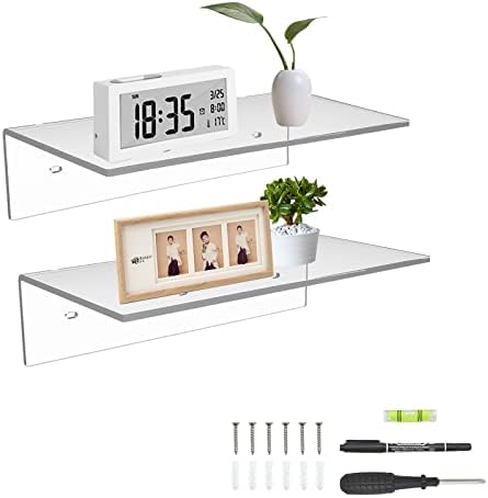Sezanrpt 12 Inches Acrylic Wall Shelves 2 Pack, Floating Shelf for Wall Mounting, Acrylic Display Ledges for Funko Pop Figures, Home Décor, Living Room, Gaming Room, Plants(12 inch, Clear)