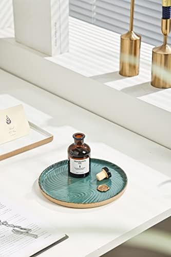 Vanity Tray with Brown Trim - Candle & Perfume Holder Organizer - Round, Green, 8"8" - Home Decor for Dresser, Table, Ba