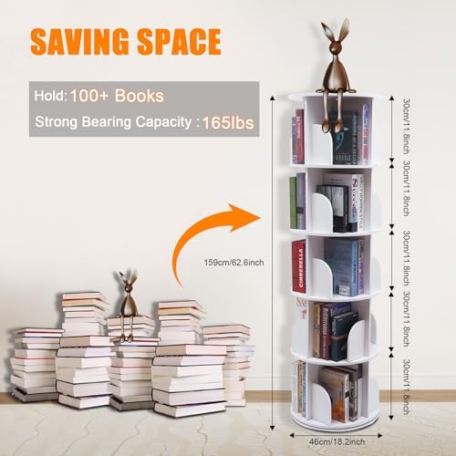 5 Tier Rotating Bookshelf Tower,360°Spinning Bookshelf Tower, Round Revolving Bookcase Organizer, Stackable Rotating Boo