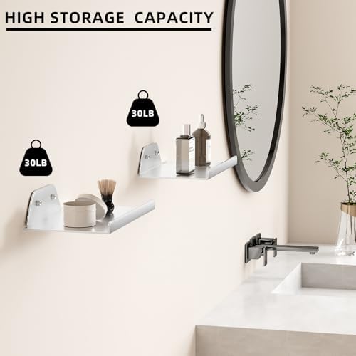 Floating Shelves for Wall, Off Center Metal Shelves for Living Room, Silver Floating Shelves for Wall Decor, 8” Hanging 