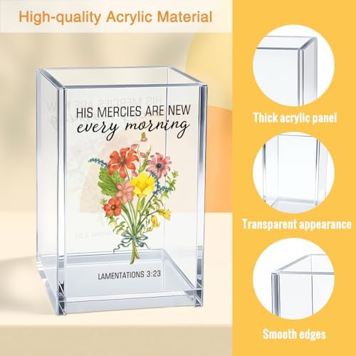 His Mercies Are New Every Morning Acrylic Cosmetic Pencil Pen Holder Cup, Religious Faith-Based Gifts for Christian Mom Grandma Aunt Daughter Women, Baptism Bible Verse Gifts for Coworker Boss