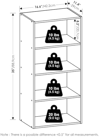 Furinno Basic Book Shelf, 4-Tier Bookcase with Open Shelf, Bookshelf, Cube Storage Organizer, 11 x 17 x 35, for Living R