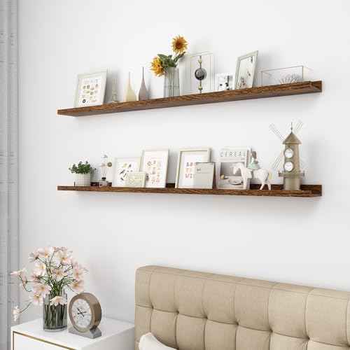 Acovy Picture Ledge Shelf, Wood Long Floating, Set of 2, 56 inch, Brown