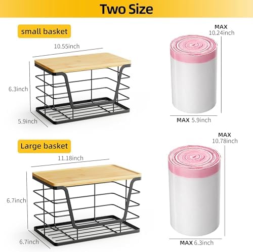 ALOCEO 2 Pack Stackable Wire Storage Basket with Bamboo Lid, Stainless Steel Extra Large Trash Bag Dispenser Roll Holder