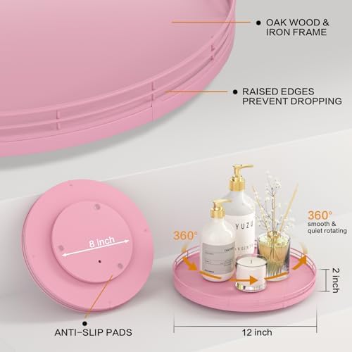 Oroyutor 12-Inch Oak Lazy Susan Vanity Tray, Pink Finish