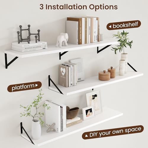 Axeman Floating Shelves for Wall White - 48 Inch Wide x 12 Inch Deep Wall Shelves Set of 2 - White Deep Wood Floating Sh