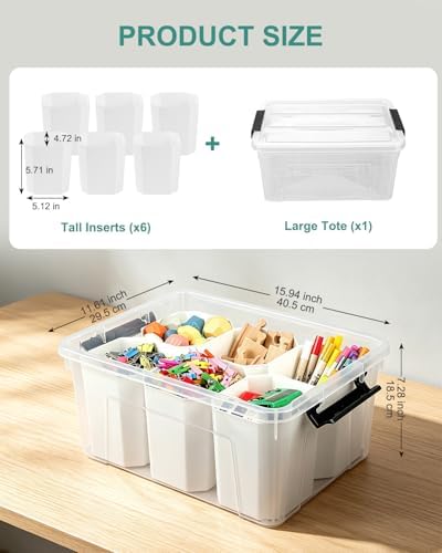 EOENVIVS Clear Storage Bins with 6 Tall Inserts, Stackable craft organizers and storage Box, Plastic Storage Totes with 