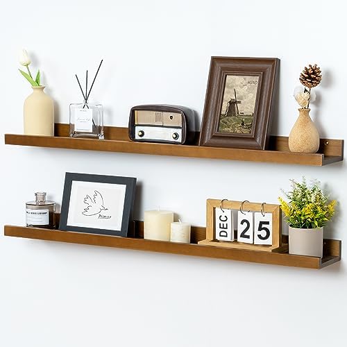 FLYJOE Picture Ledge Wall Shelves 36 inch Width Set of 2, Solid Pine Wood Rustic Floating Ledge Shelves for Wall for Kids' Room Bedroom Kitchen Bathroom Living Room Nursery Display Wall Decor, Walnut