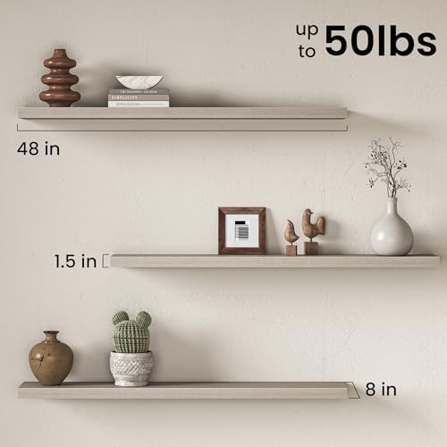 48" Floating Shelves for Wall, Set of 2, 8" Deep, 1.5" Thick, Gray