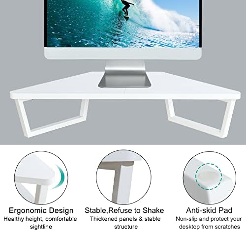 TEAMIX 26 inch White Triangle Monitor Stand Riser, Desktop Corner Shelf with Metal Leg Wood Computer Stand with Storage 