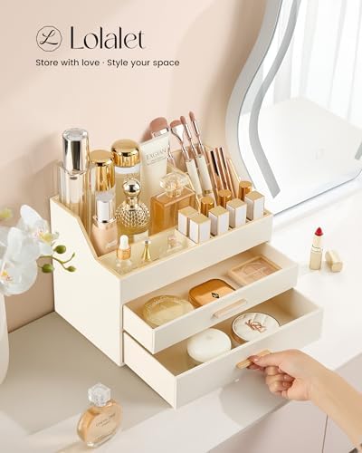 Lolalet Makeup Organizer for Vanity Desk, 3-Layer PU Leather Luxury Make Up Storage Cosmetics Holder Box with Drawers -B