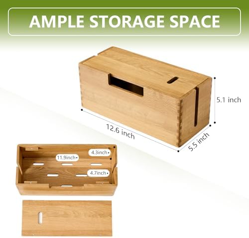 Oak Wood Cable Management Box - Large Cord Hider & Organizer with Magnetic Lid for Desk & Floor Cables in Home Office, L
