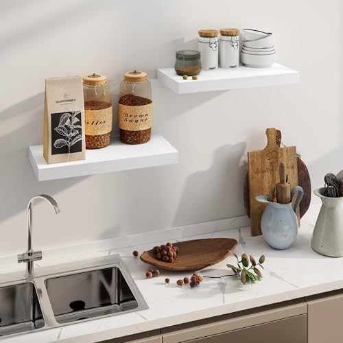 Fun Memories White Floating Shelves, 8 Inch Deep Wall Shelves Set of 2, Rustic Deep Shelves for Wall Storage, 24 x 8 Flo