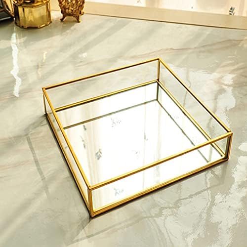 Square Vintage Gold Mirror Glass Vanity Tray,Ornate Geometric and Brass Plated Display Storage Organizer for Makeup Brus