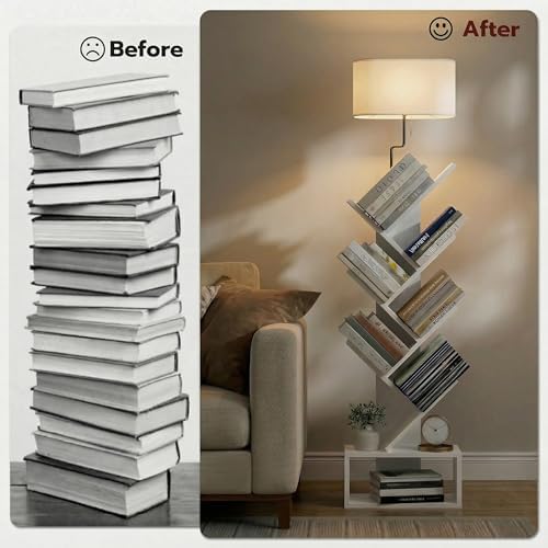 XBurmo 6 Tier Tree Bookshelf with Lights - Small Bookcase, Compact Book Tower with Drawer, Corner Bookshelf for Bedroom,