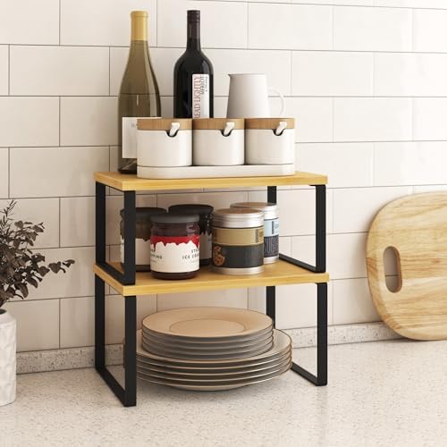 Kitchen Cabinet Organizer Shelf Set of 4, Sturdy Kitchen Counter Shelves with Metal Legs, Stackable Expandable Wood Spic