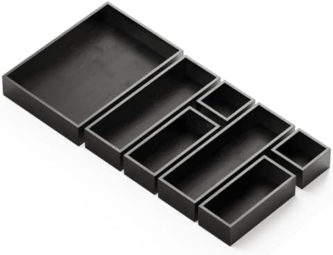 SpaceAid 7-Piece Bamboo Drawer Organizer Storage Boxes Set, Wood Tray Junk Drawer Organizers Multi-Use Divider Bins for Kitchen, Bathroom, Office Desk and Makeup Organization (7 Pack, Black)