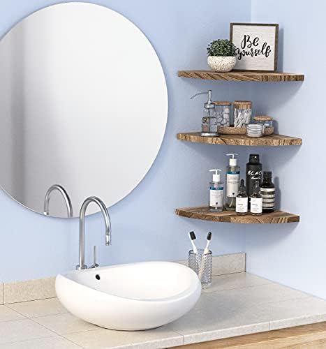 Wall Mounted Rustic Wood Round Edge Corner Shelf Storage Rack, Bookcase, Floating Shelves Home Decor for Bedroom, Living