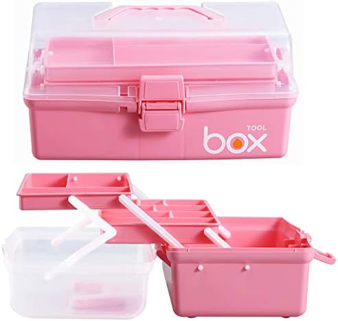 Kinsorcai 12'' Three-Layer Clear Plastic Storage Box with Handle, Craft Tool Box, 3 Layer Pink Tackle Box for Women, Org