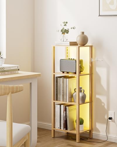 Open Book Shelf with LED Lights, 4 Tier Small Bookshelf, Freestanding Shelf Narrow Bookcase with Open Shelves, 14.96" x 