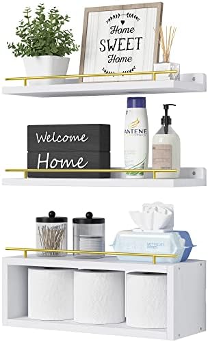 WOPITUES Floating Shelves for Wall with Cube Shelf, Wall Shelves with Metal Rail for Decor, Bathroom Organizers and Stor