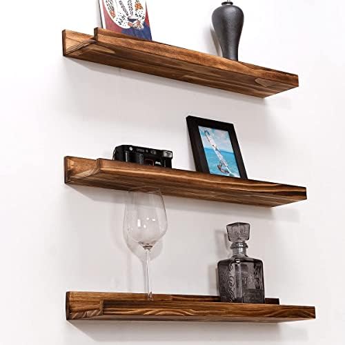 MBYD 24 Inch Picture Ledge Shelf Set of 3, Rustic Torched Wood Floating Shelves for Bedroom Living Room Kitchen Wall Dec