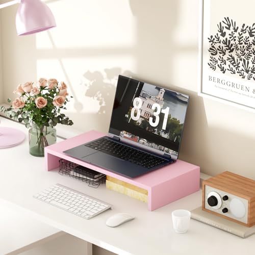 TEAMIX Pink Monitor Riser-20L inch, Wood Monitor Stand for Desk, Sturdy TV/Screen/PC/Printer/Laptop Riser,Computer Shelf