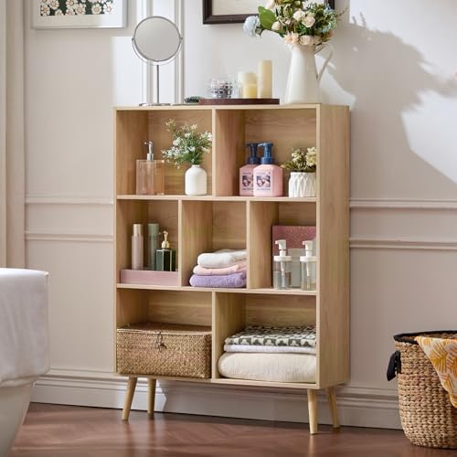 LEYAOYAO Cube Bookshelf, Mid-Century Modern Book Shelf with Legs,Light Wood
