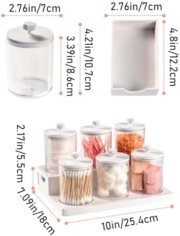Tektalk 6 Pack Acrylic Qtip Holder Dispenser with Bamboo Lids & Vanity Tray, for Cotton Swabs, Balls, Pads, Floss Picks,