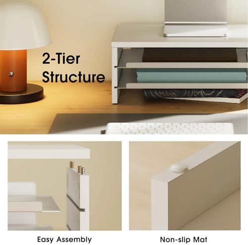 Fenge 14.3-Inch Monitor Stand with Slide-Out Trays, Wood & Metal Desk Shelf