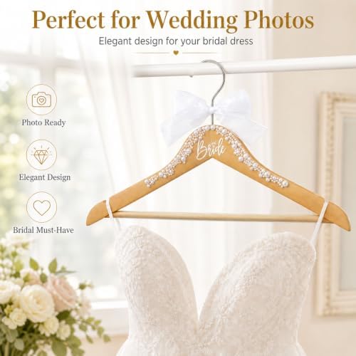 2 Pack Bride and Groom Wedding Hanger Set, Wooden Bride Hanger for Wedding Dress, Elegant Wedding Dress Hanger with Pearls and Bow Tie