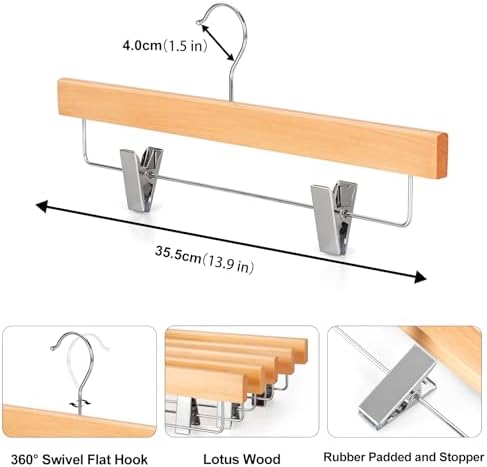 TOPIA HANGER Lotus Wood Pants Hangers, Natural Wooden Skirt Short Jeans Trouser Hanger with Smooth Surface 360° Swivel Hook Anti Rust 2 Adjustable Clips, 10 Pack, CT10PY
